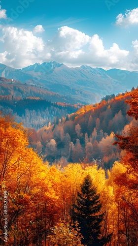 Majestic Autumnal Mountain Landscape with Vibrant Foliage and Crisp Blue Sky