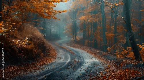 Winding Autumn Forest Road with Vibrant Foliage