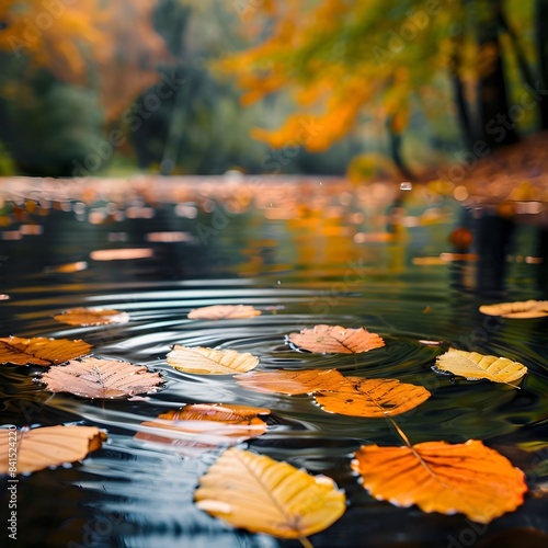 Autumn Leaves Floating on the Serene Surface of a Tranquil Pond with Copy Space