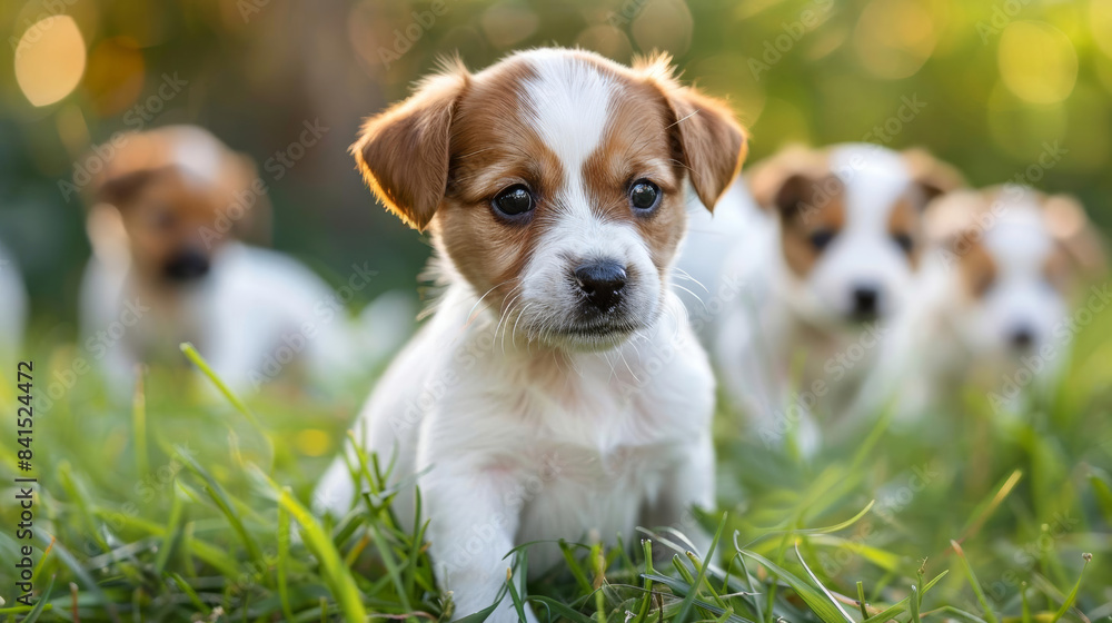 Playful puppies in a grassy field, ideal for pet-related content, eye-catching, copy space for text Playful puppies in a grassy field, ideal for pet-related content, eye-catching, copy space for text