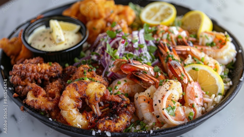 A seafood platter featuring a variety of grilled calamari, shrimp, and lobster tails, served with drawn butter and lemon wedges
