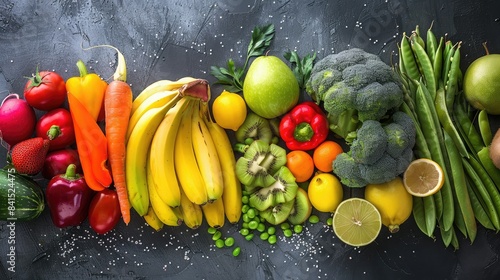 Healthy assortment of fruits and vegetables arranged in a rainbow of colors  ready for nutritious meals