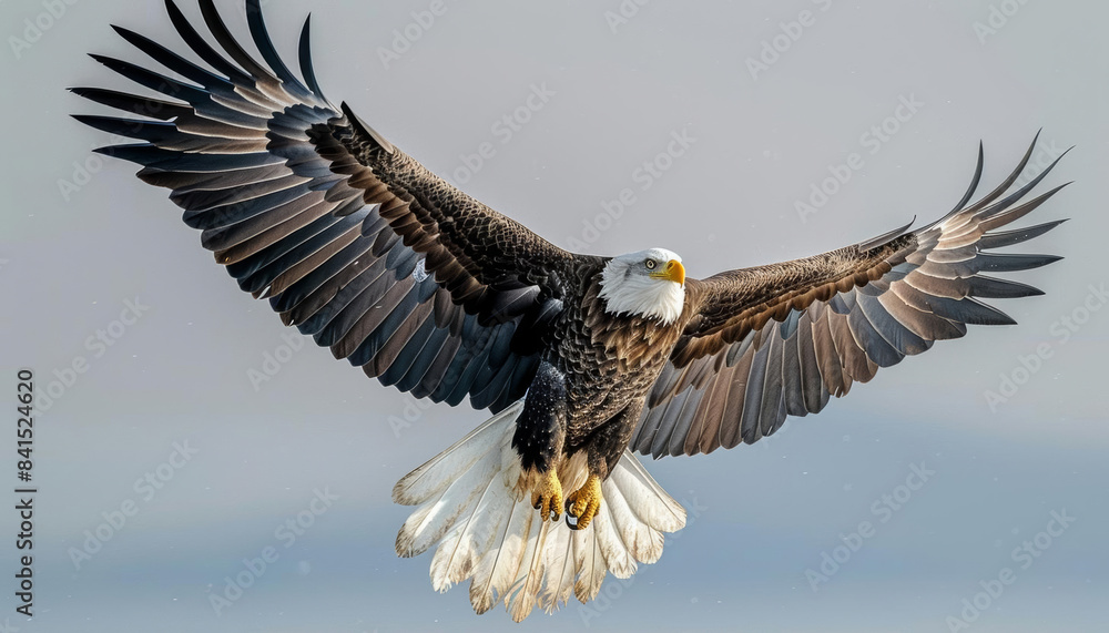 Obraz premium Regal eagle soaring in the sky, suited for patriotic or nature-focused projects, eye-catching, copy space for text