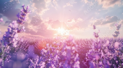 A field of purple flowers with the sun shining down  perfect for use in scenes about nature  beauty  or spirituality