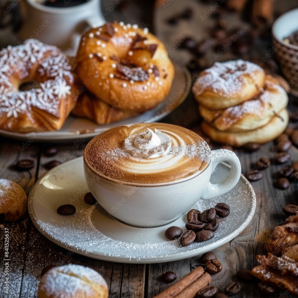 DELICIOUS CAPPUCCINO WITH CROISSANT OR DONUT DELICIOUS CAPPUCCINO WITH CROISSANT OR DONUT