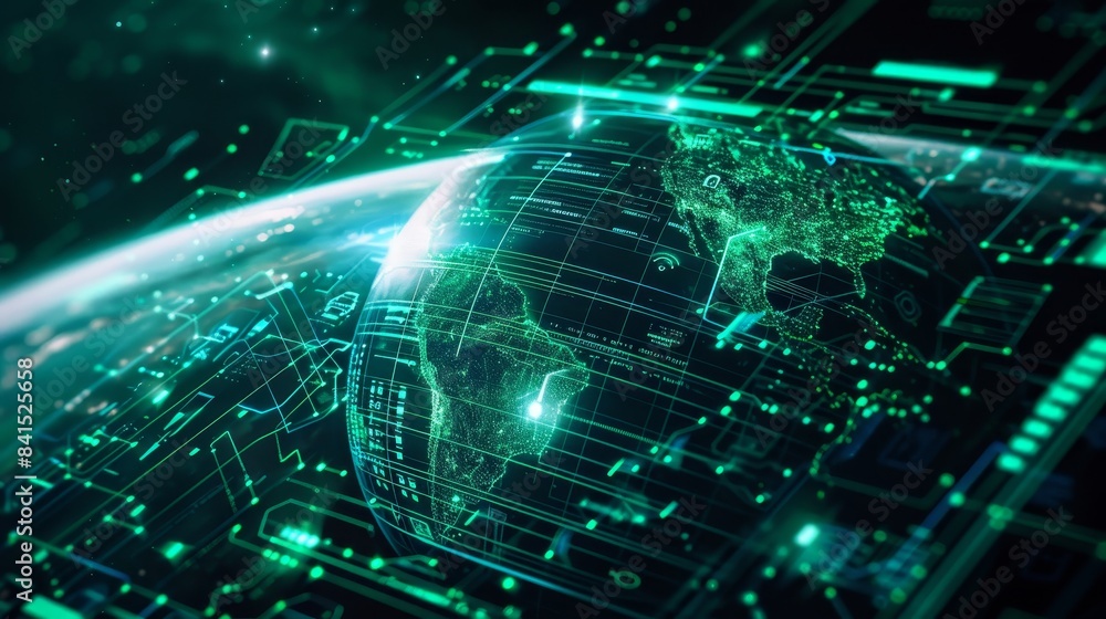 Holographic globe displaying environmental data, technology, green and blue tones, digital art, clean and high-tech presentation Holographic globe displaying environmental data, technology, green and blue tones, digital art, clean and high-tech presentation