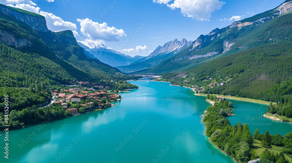 Aerial view of Molveno Lake in the beautiful mountains Aerial view of Molveno Lake in the beautiful mountains