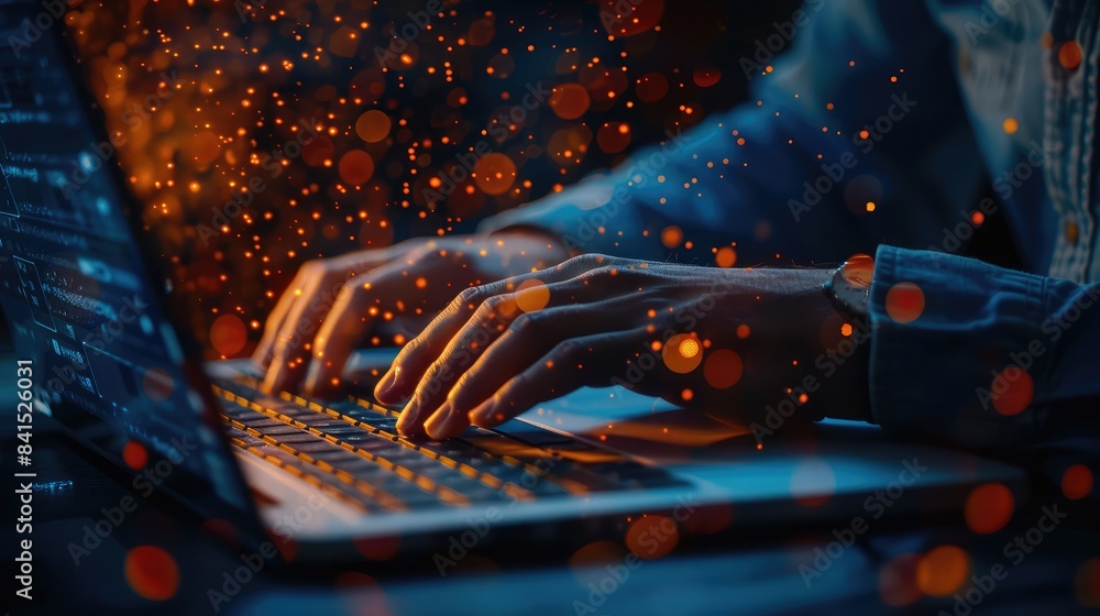 Man typing on a laptop, exploring the world of smart technology and open AI advancements Man typing on a laptop, exploring the world of smart technology and open AI advancements