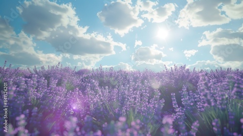 A field of purple flowers blooming under a cloudy sky  with a mix of blue and white hues