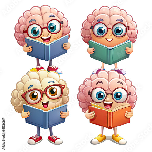Wallpaper Mural Four cartoon brains, each wearing glasses and smiling, are reading books. Generative AI Torontodigital.ca
