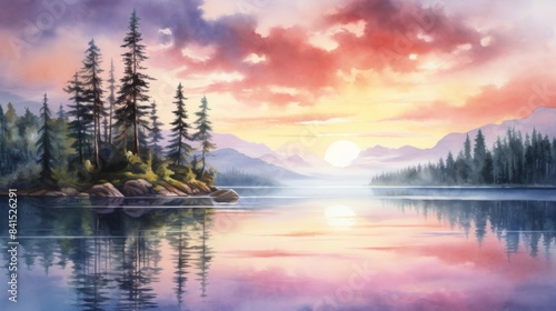 A beautiful painting of a lake with a sunset in the background