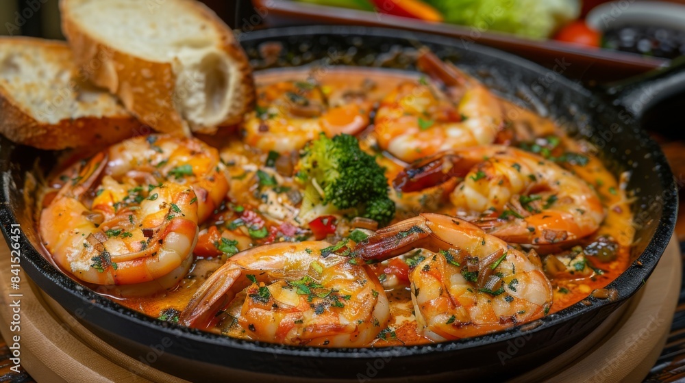 A sizzling skillet of river prawns in garlic butter, served with crusty bread for dipping and a side of steamed vegetables A sizzling skillet of river prawns in garlic butter, served with crusty bread for dipping and a side of steamed vegetables