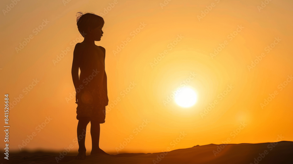 Silhouetted boy standing in a desert sunset with orange sky Silhouetted boy standing in a desert sunset with orange sky