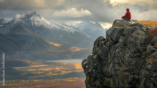 Person sitting on rocky outcrop overlooking majestic mountain landscape