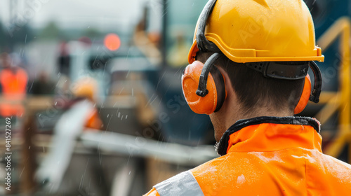 Construction worker wearing ear muffs and safety gear on rainy day