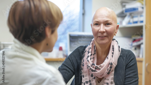 Portrait of bald woman talking to a doctor comforting and congratulating her during consultation on alopecia and cancer recovery