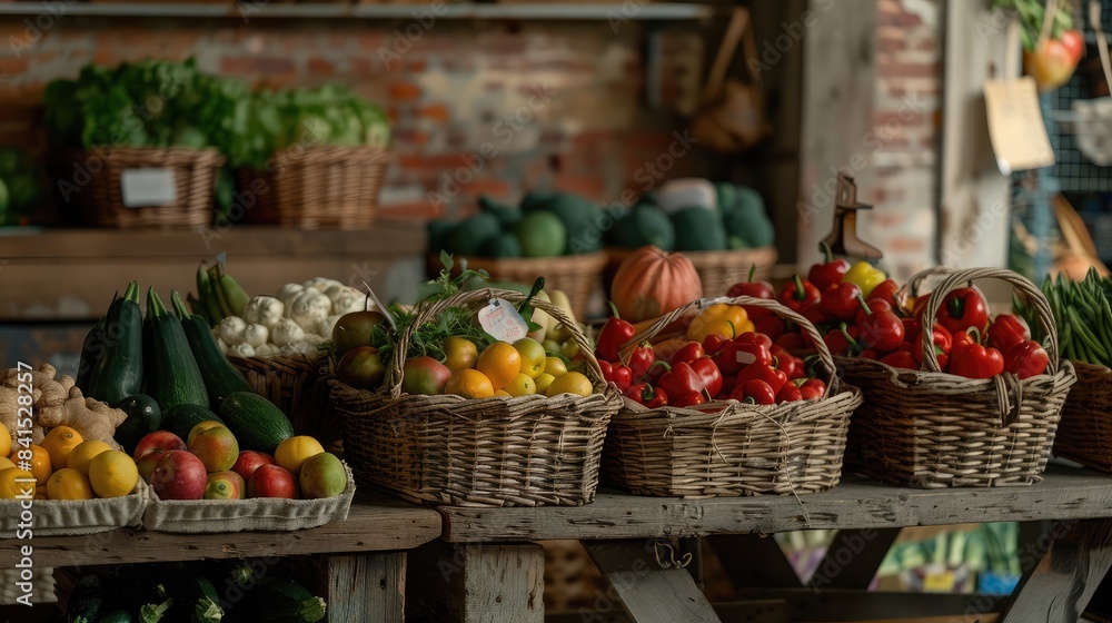 Freshly harvested fruits and vegetables displayed in rustic baskets at a local produce stand Freshly harvested fruits and vegetables displayed in rustic baskets at a local produce stand