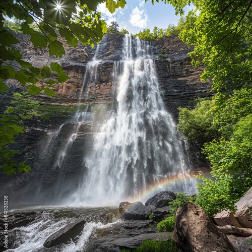 A majestic waterfall cascading down a rocky cliff  surrounded by vibrant green foliage  with the spray of the water creating a rainbow in the sunlight.