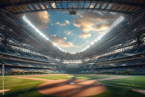 A baseball field with a clear blue sky in the background, suitable for sports or outdoor-themed projects