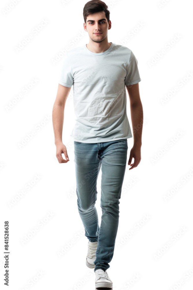 Casually dressed young man in a plain white t-shirt and blue jeans, walking confidently. His ensemble is complete with white sneakers, exemplifying effortless everyday fashion. Casually dressed young man in a plain white t-shirt and blue jeans, walking confidently. His ensemble is complete with white sneakers, exemplifying effortless everyday fashion.