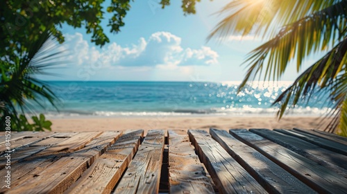 empty wooden table on tropical beach