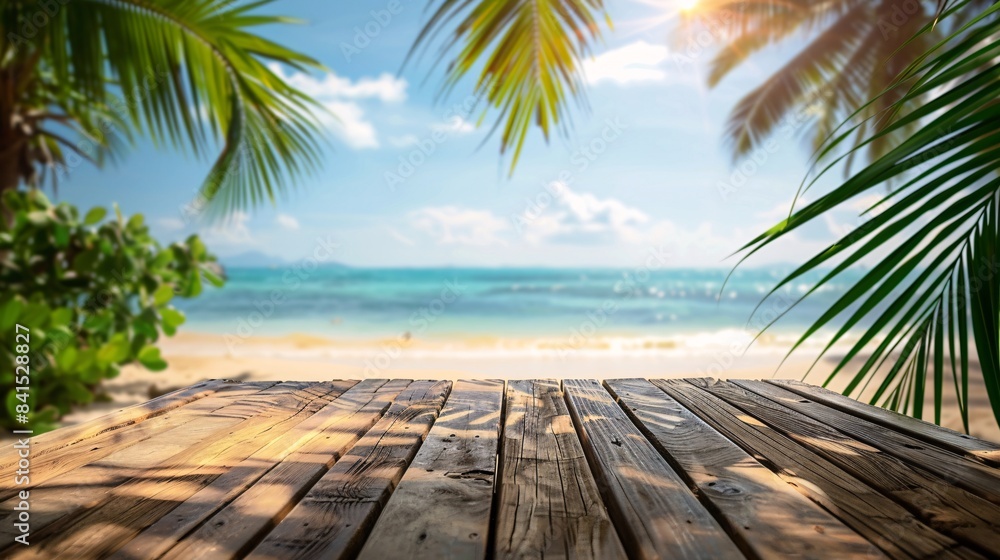 empty wooden table on beach with palm leaves background empty wooden table on beach with palm leaves background