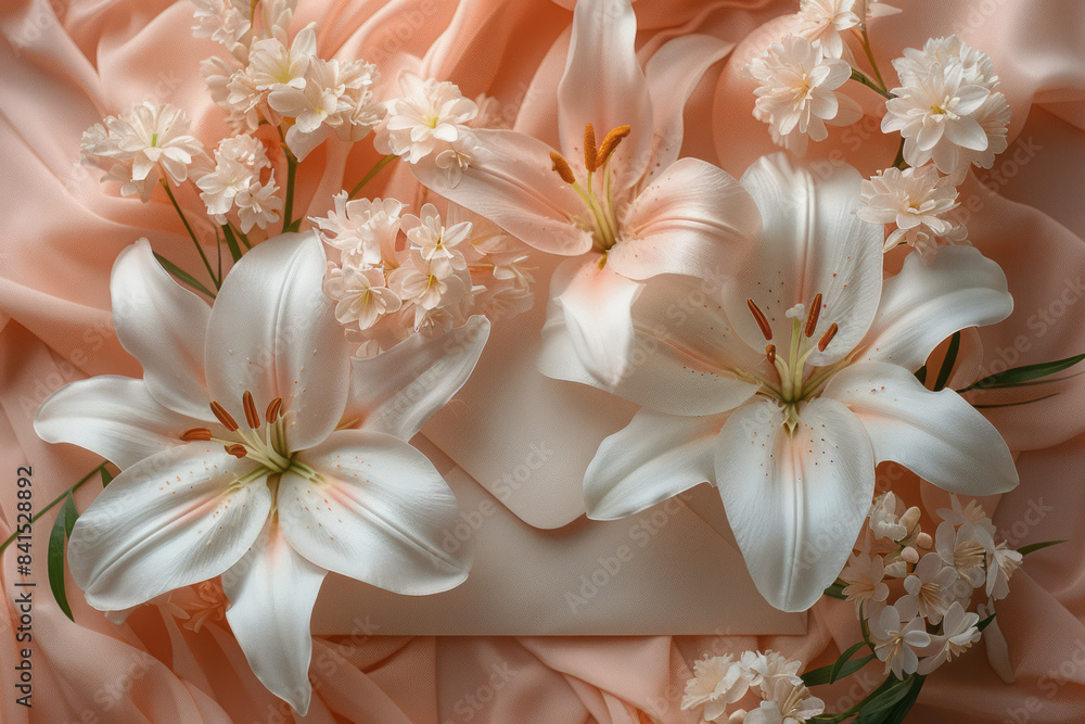 A pastel peach envelope with soft white lilies and light pink petals, A pastel peach envelope with soft white lilies and light pink petals,