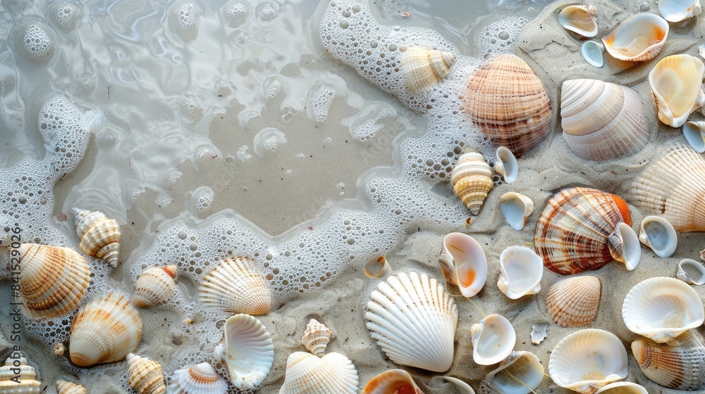 Seashells scattered on a sandy beach, reflecting the natural beauty of coastal landscapes Seashells scattered on a sandy beach, reflecting the natural beauty of coastal landscapes