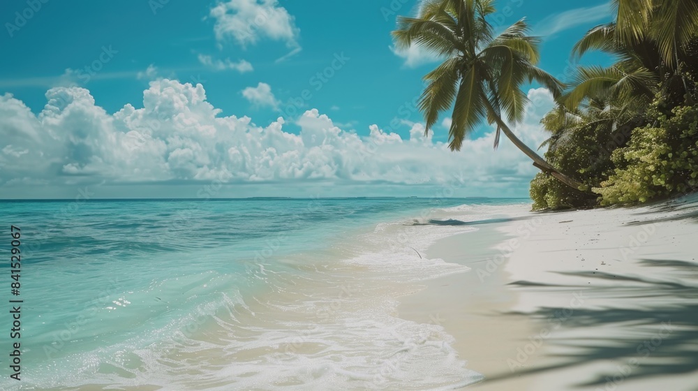 A serene and picturesque scene of a sandy beach lined with palm trees, bathed in the warm sunlight A serene and picturesque scene of a sandy beach lined with palm trees, bathed in the warm sunlight