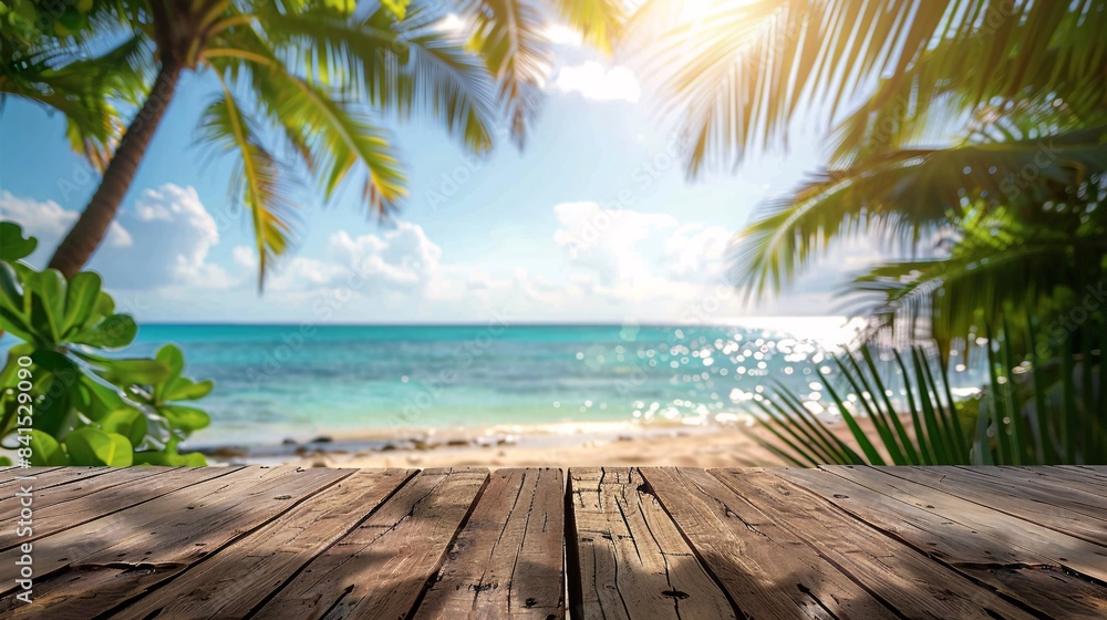empty wooden table on tropical beach empty wooden table on tropical beach