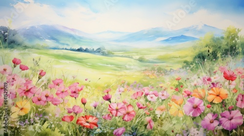 A painting of a field of flowers with mountains in the background