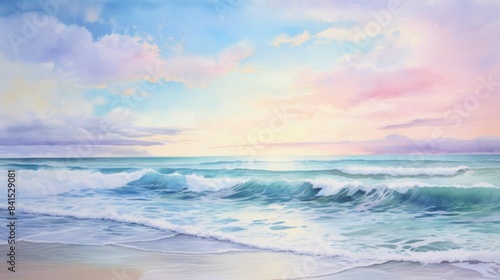 A painting of a beach with a beautiful sunset in the background © LOMOSONIC