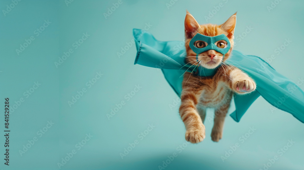 Obraz premium superhero cat with blue cloak and mask, Cute orange tabby kitty flying on pastel background copy space concept stock photo contest winner 