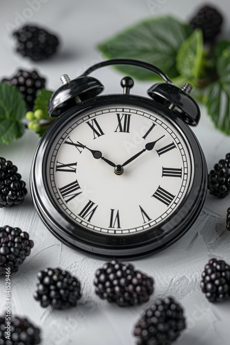 A single clock hand surrounded by fresh blackberries on a light gray background, photo