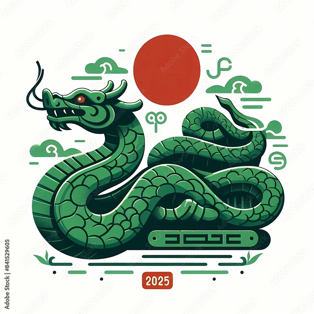Fototapeta premium Green wooden snake, symbol of chinese new year with the numbers 2025. Celebrating 2025. 