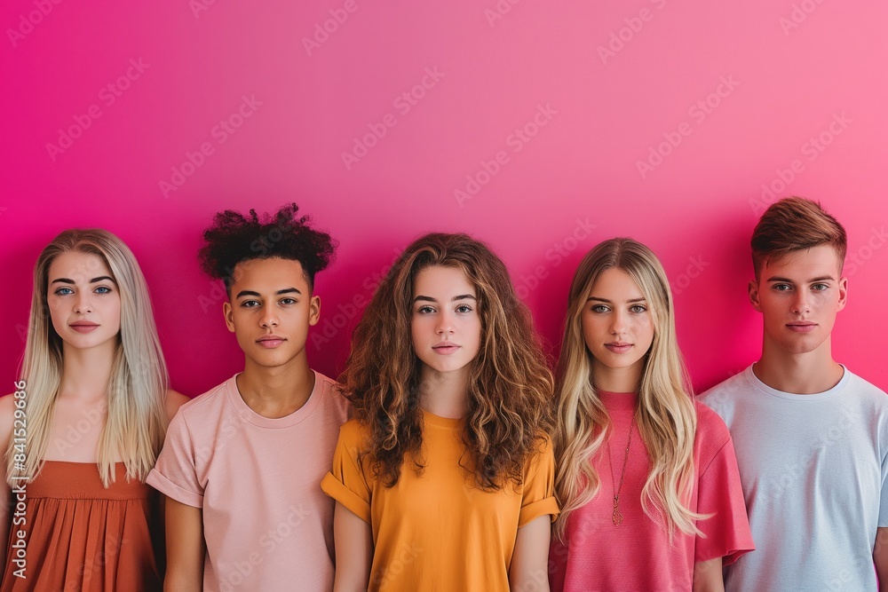 Five diverse young people against pink background Five diverse young people against pink background
