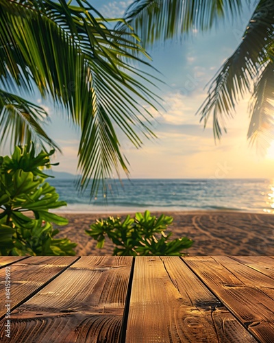 empty wooden table on tropical beach