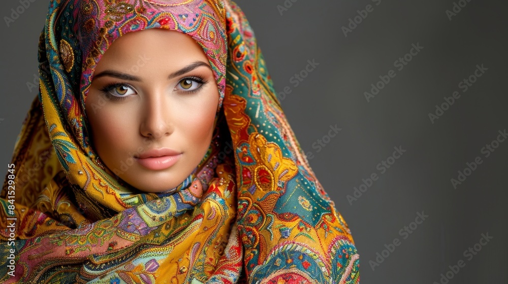 Portrait of a Sensual Arabic young woman wearing a beautifully embroidered colorful hijab against a grey studio background. Portrait of a Sensual Arabic young woman wearing a beautifully embroidered colorful hijab against a grey studio background.