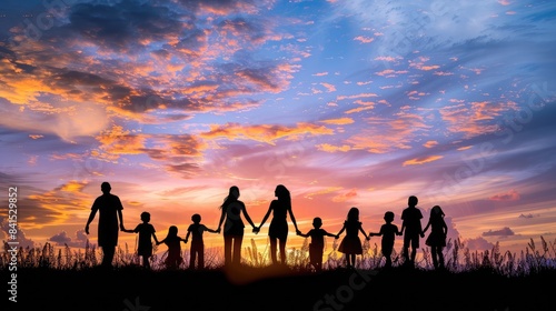 Silhouette of a big happy family holding hands against a colorful sunset sky  smiling together