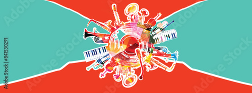 Contemporary art collage. Music background with colorful music instruments and vinyl record disc vector illustration. Concept of music festivals, concert and parties.