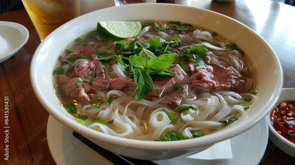 Aromatic bowl of pho with tender beef, thin rice noodles, fresh herbs, and a lime wedge, Vietnamese culinary perfection Aromatic bowl of pho with tender beef, thin rice noodles, fresh herbs, and a lime wedge, Vietnamese culinary perfection