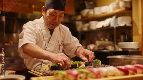 A sushi chef skillfully rolling a variety of makizushi, including tuna, avocado, and cucumber, using traditional bamboo mats in a Japanese restaurant kitchen