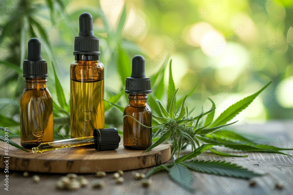 Cbd oil bottles with droppers and hemp leaves on a natural background Cbd oil bottles with droppers and hemp leaves on a natural background