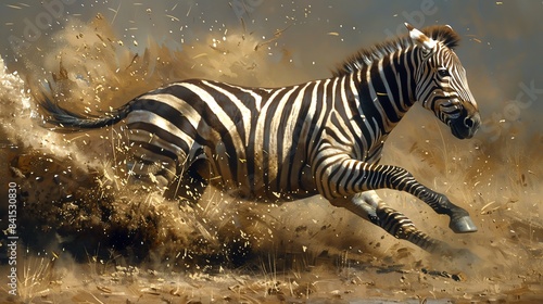 Realistic zebra running across the savannah, detailed stripes and powerful stride, wild and free © nitiroj