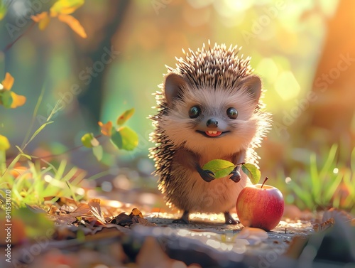 Adorable cartoon hedgehog with a tiny apple on its back, soft colors and sweet expression, cute and lovable photo