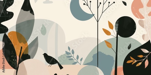 Hand drawn abstract graphic illustration with trees, plants and birds. Scandinavian style.