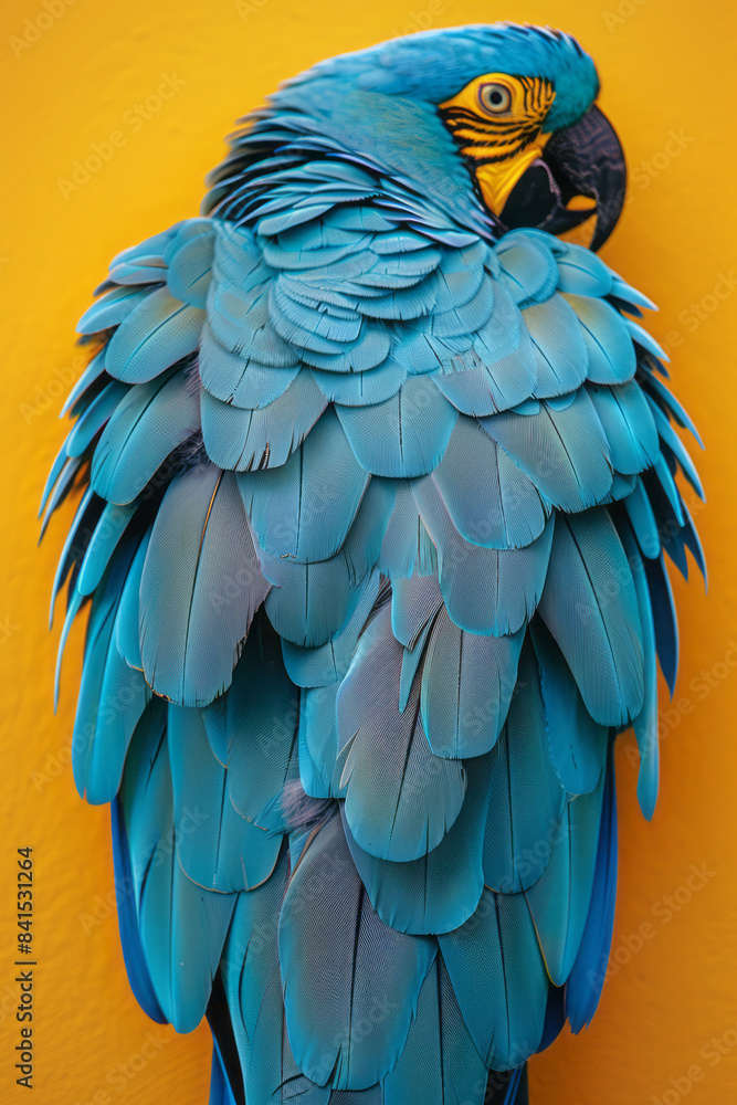 Fototapeta premium Soft turquoise feathers bordering a pastel yellow background,