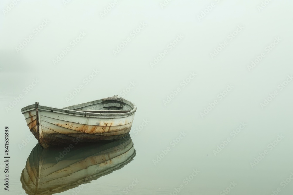 Calm, ethereal image of a lone boat floating on a foggy, tranquil lake Calm, ethereal image of a lone boat floating on a foggy, tranquil lake