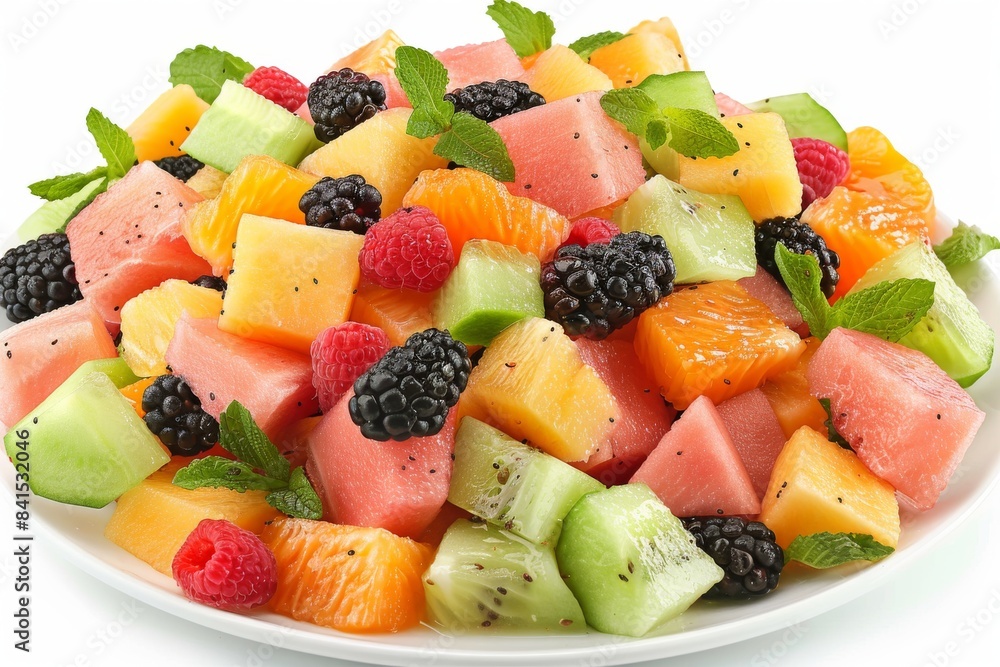 Fresh fruit salad with a colorful mix of berries and melons, perfect for a healthy and refreshing dessert treat Fresh fruit salad with a colorful mix of berries and melons, perfect for a healthy and refreshing dessert treat