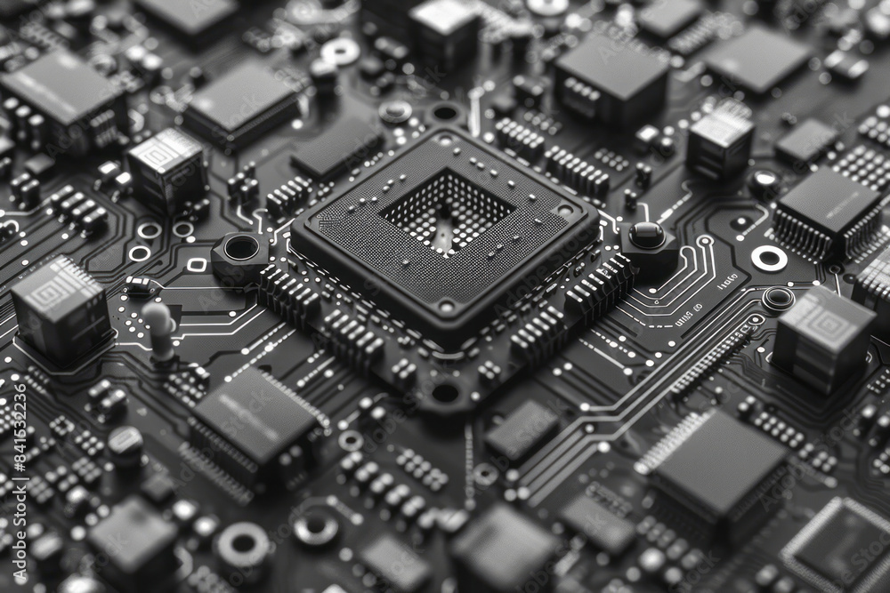 Detailed depiction of a microchip's internal circuitry and connections. Detailed depiction of a microchip's internal circuitry and connections.